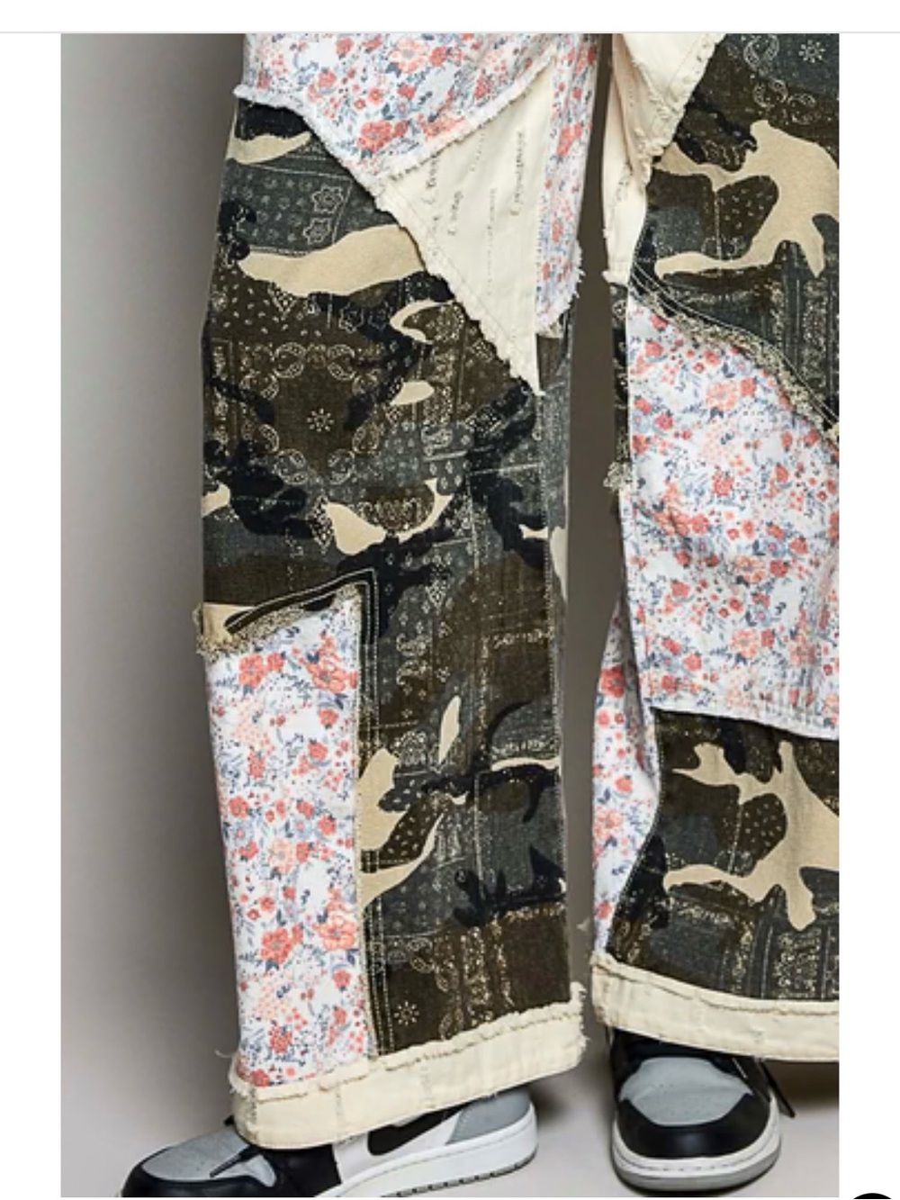 Wide-Leg Patchwork Pants in Olive & Cream - Picture 4 of 11
